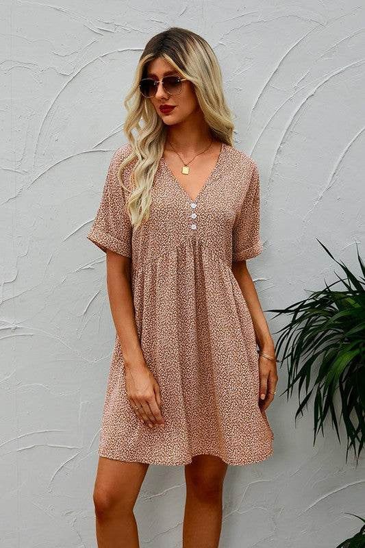 Button V Neck Short Sleeve Tunic Short Dress